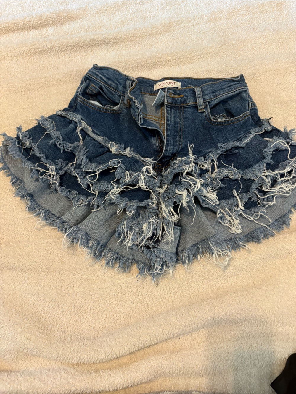 Vibrant Frayed Layered Denim Shorts - Blue
